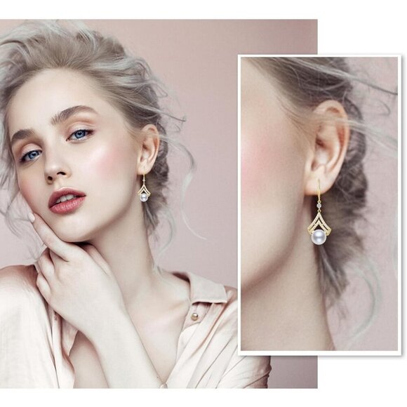 Pearl Drop Earrings for Women 14K Gold Plated Sterling Silver Dainty Dangle Gift - Picture 2 of 6